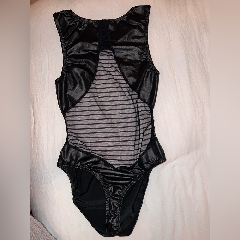Sexy black leatherette & mesh bodysuit cosplay lingerie costume